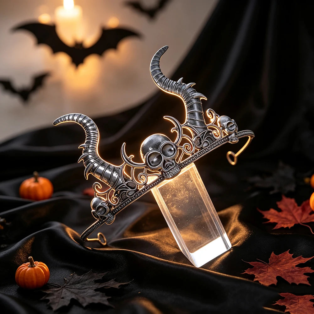 Gothic Horned Skull Tiara Crown Vintage Witch Metal Headband-MoonChildWorld
