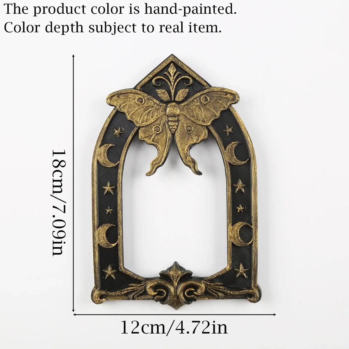 Accented-finish ornament measurement diagram: Gothic Luna Moth Moon Wall Hanging, featuring a luna moth above an open Gothic arch, with crescent moons and stars.