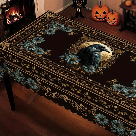 Gothic owl Halloween tablecloth with dark floral decor