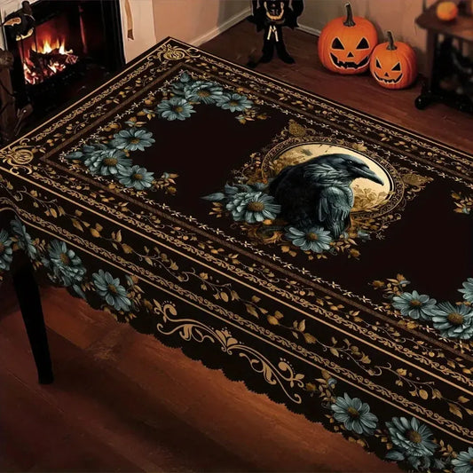 Gothic owl Halloween tablecloth with dark floral decor