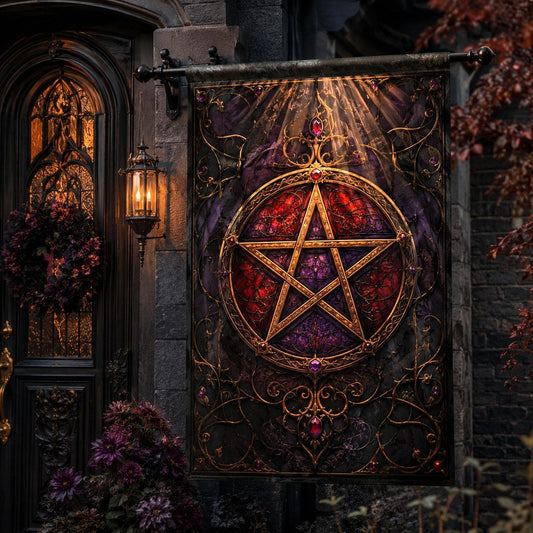 Gothic Pentacle house flag with red violet and gold design