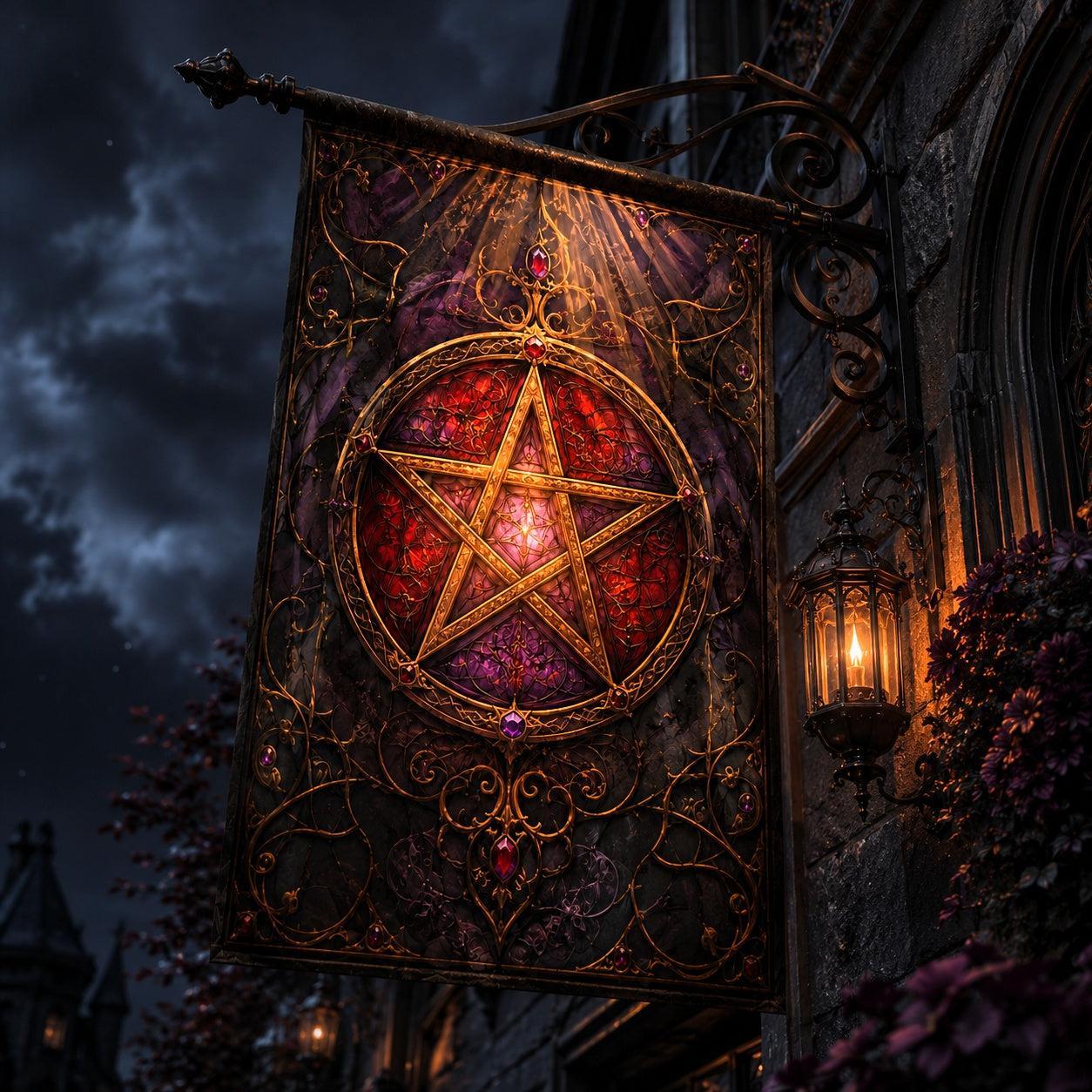 Gothic Pentacle house flag mockup hanging outdoors as pagan decor