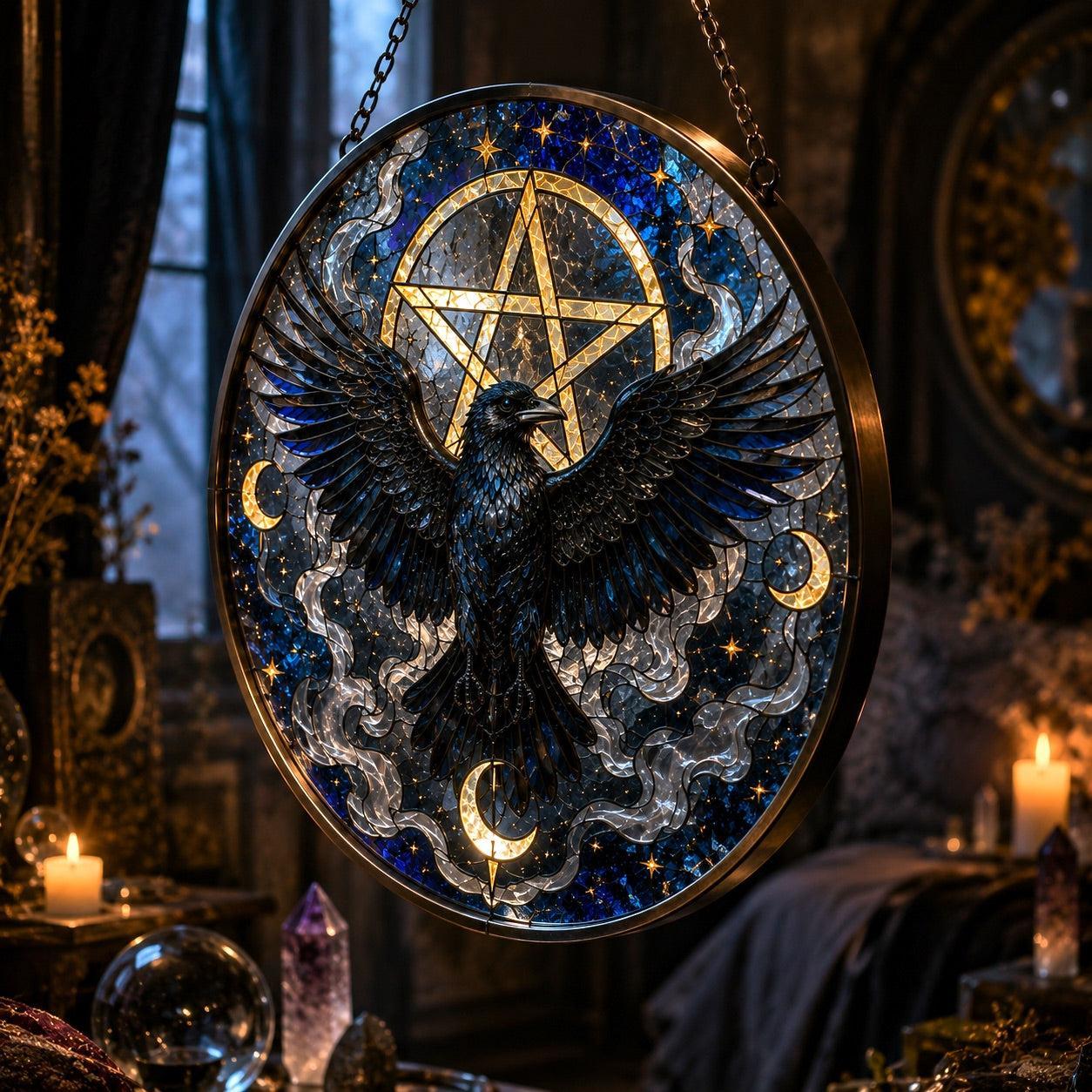 Gothic Pentacle Raven Glass Suncatcher - hanging view