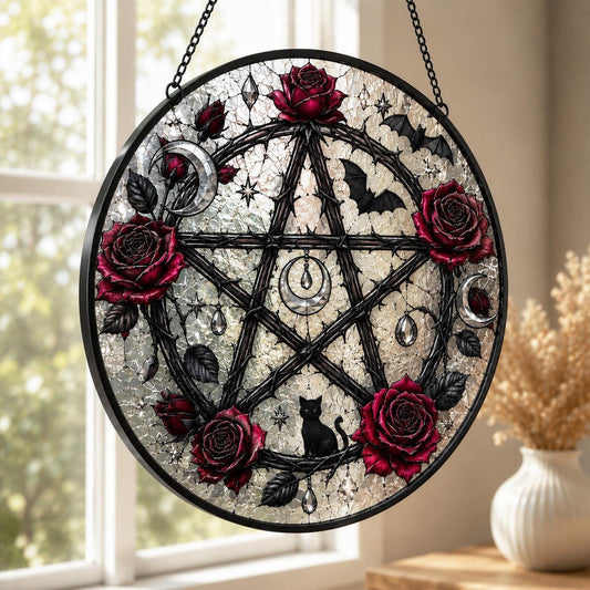 Gothic Pentagam Glass Suncatcher - hanging view