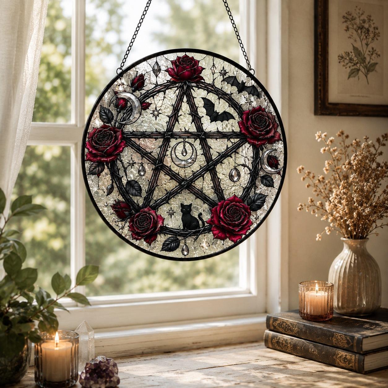 Gothic Pentagam Glass Suncatcher - sunlight glow