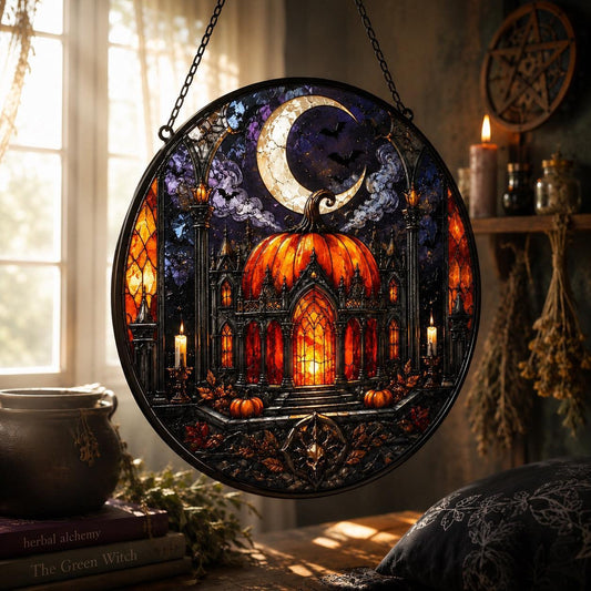 Gothic Pumpkin Temple Glass Suncatcher - hanging view