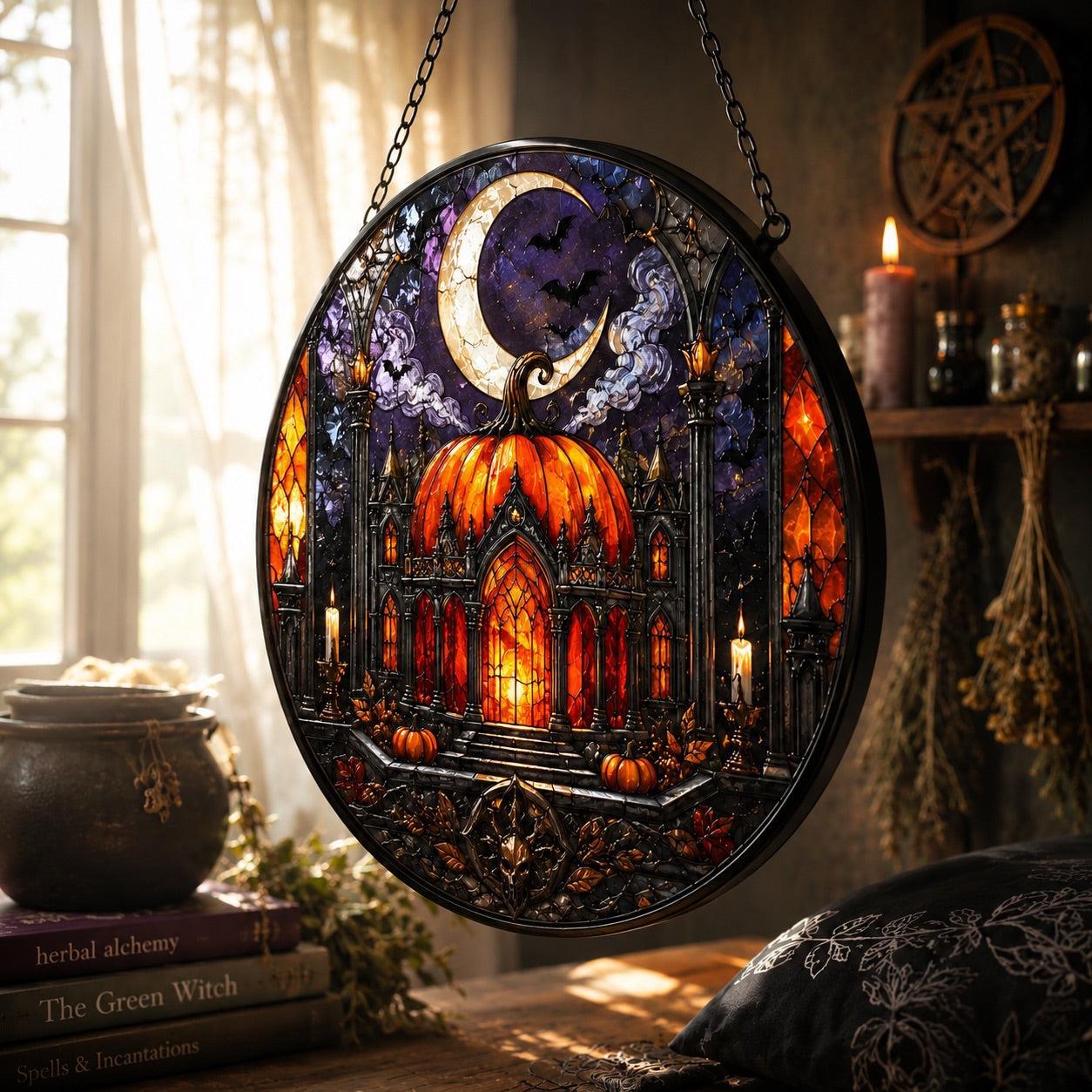 Gothic Pumpkin Temple Glass Suncatcher - close up detail