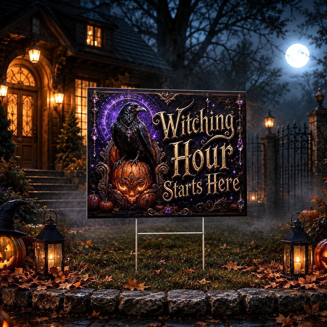Gothic Raven Pumpkin Witchy Halloween Yard Sign - porch scene