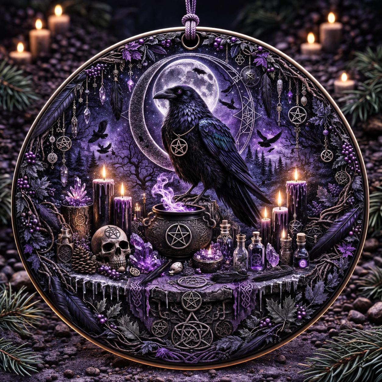Gothic Raven Yule Ceramic Ornament Witch Christmas Decor – Dark Aesthetic Holiday Ornament-MoonChildWorld
