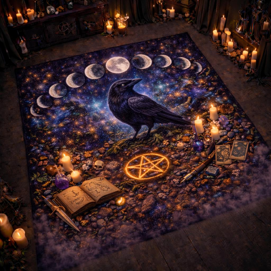 Gothic Raven and Moon Phase Area Rug – Dark Pagan Witch Carpet for Spooky Decor-MoonChildWorld