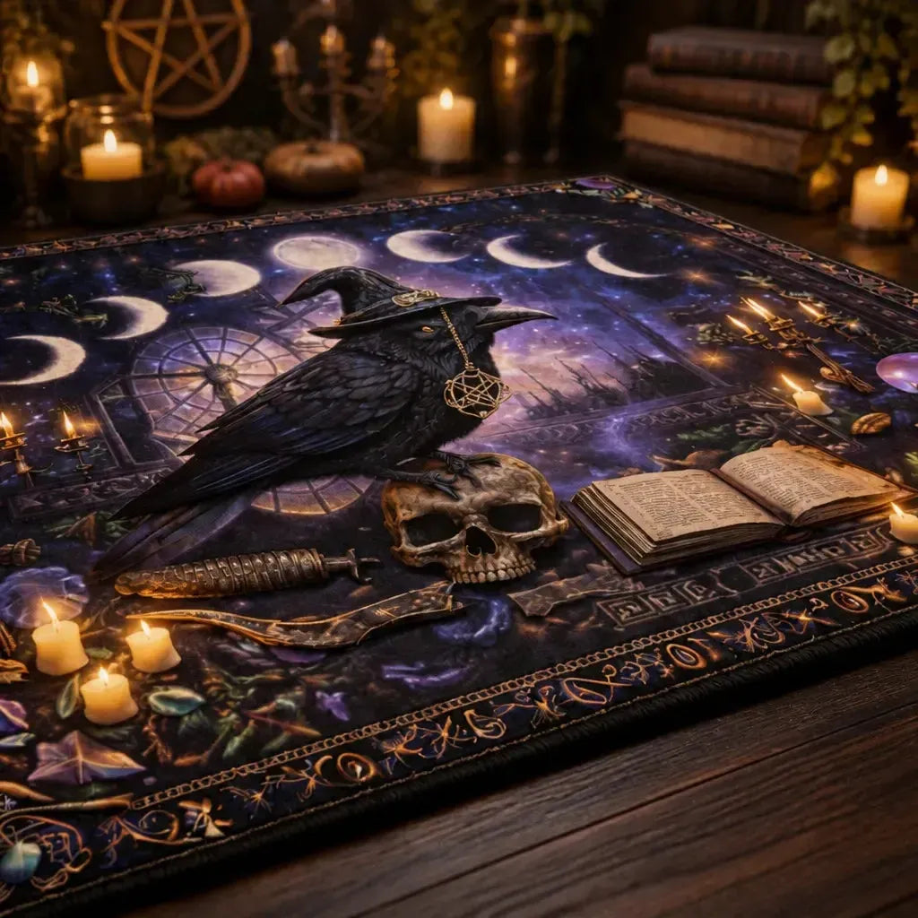 Gothic Raven and Skull Area Rug – Dark Pagan Witch Carpet for Halloween Decor_mockup_3.webp