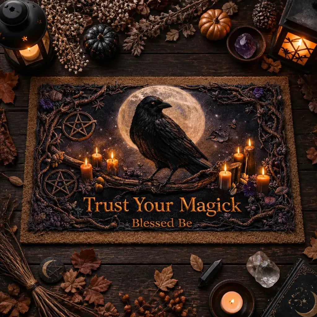 Gothic Raven and Skull Doormat – Dark Pagan Witch Welcome Mat for Halloween_mockup_3.webp
