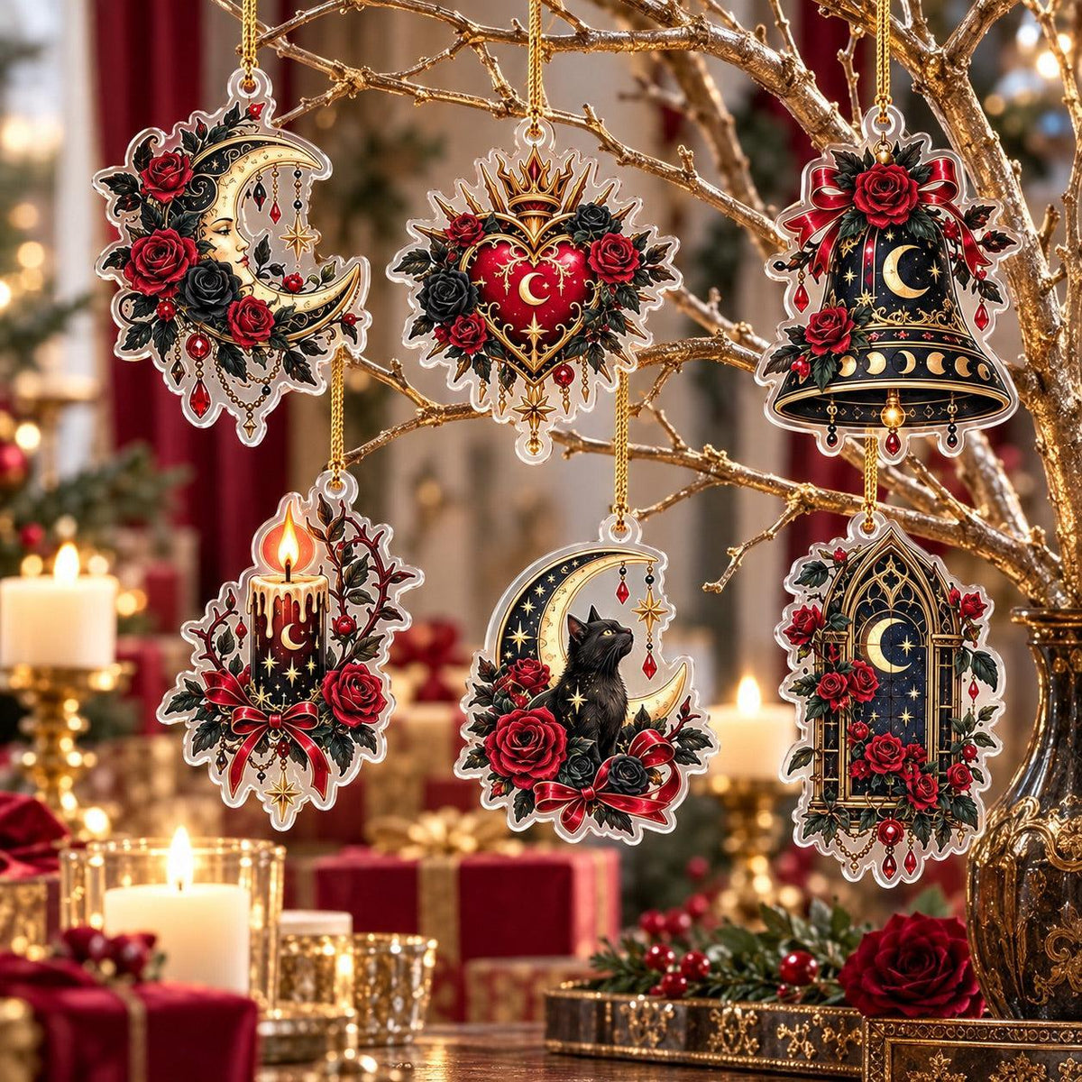 Gothic Rose Moon Christmas Acrylic Ornament Set – Dark Yule Decor – set of 6 acrylic ornaments