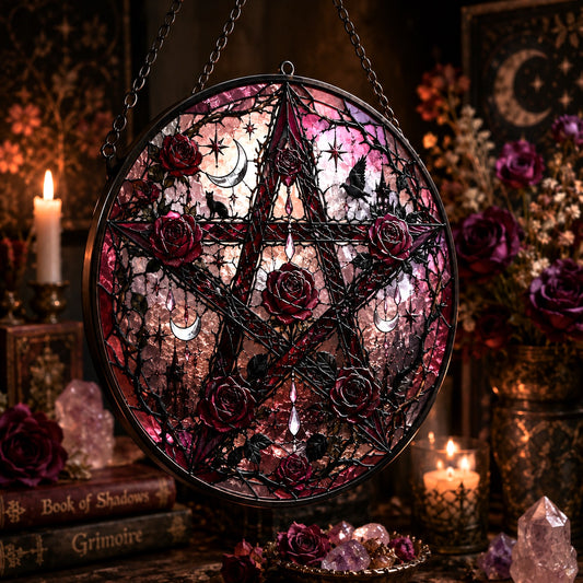 Gothic Rose Pentacle Glass Suncatcher - hanging view