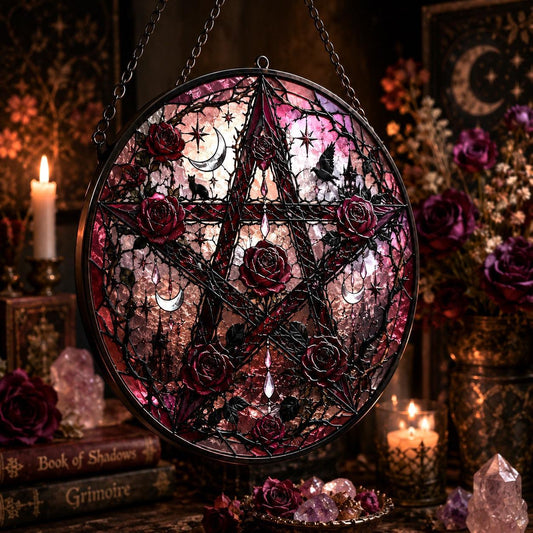 Gothic Rose Pentacle Glass Suncatcher - hanging view