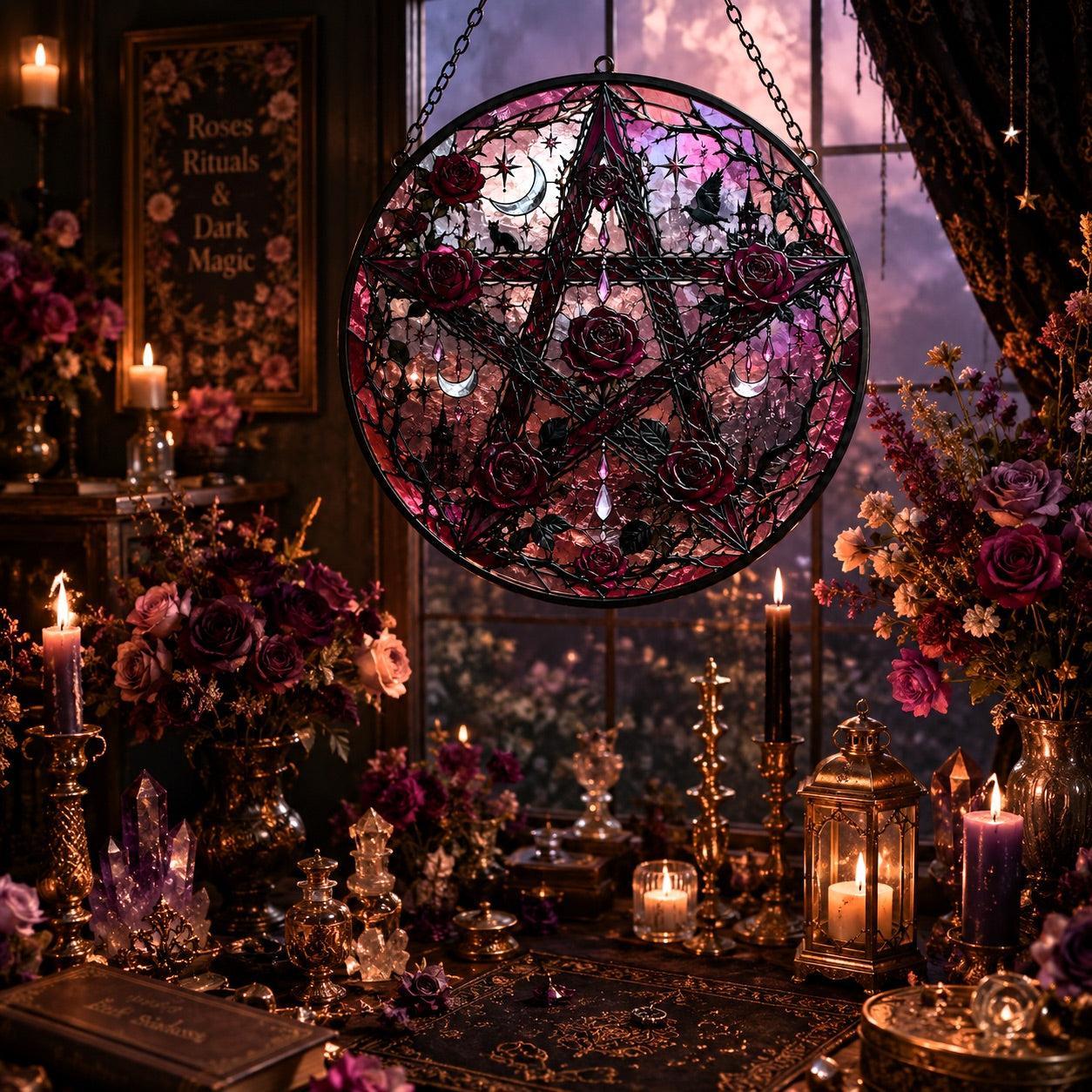 Gothic Rose Pentacle Glass Suncatcher - sunlight glow