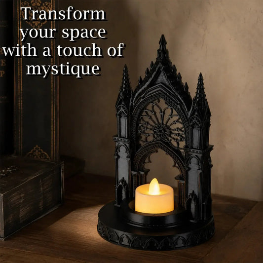 Rose window candle holder – spire arch carved detail close-up