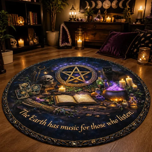 Gothic Skull Black Cat Witchcraft Pentacle Round Rug Wiccan Carpet Pagan Home Decor_mockup_1.webp