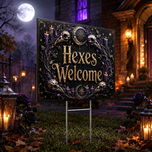 Gothic Skull Raven Hexes Welcome Witchy Halloween Yard Sign - garden display