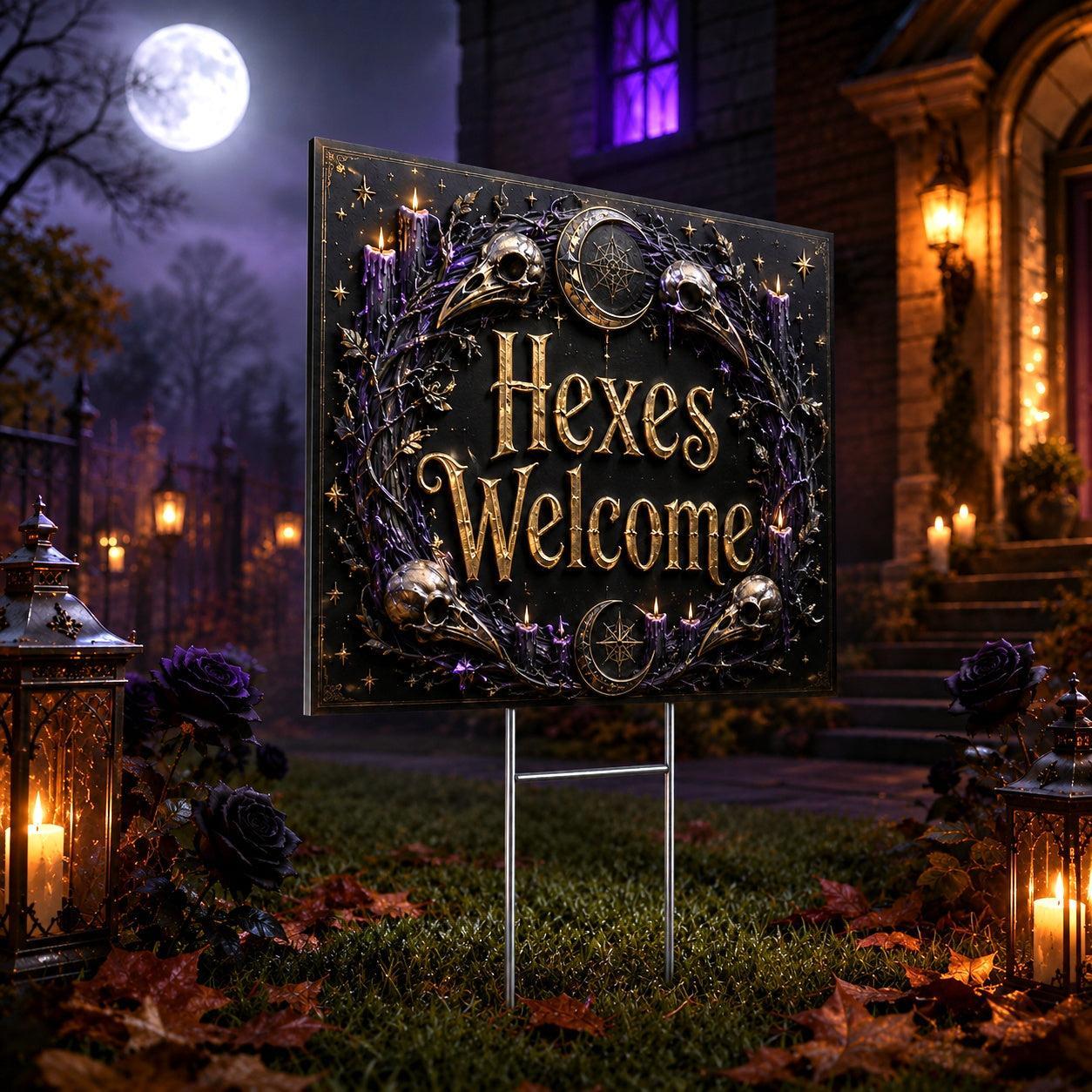 Gothic Skull Raven Hexes Welcome Witchy Halloween Yard Sign - close up detail