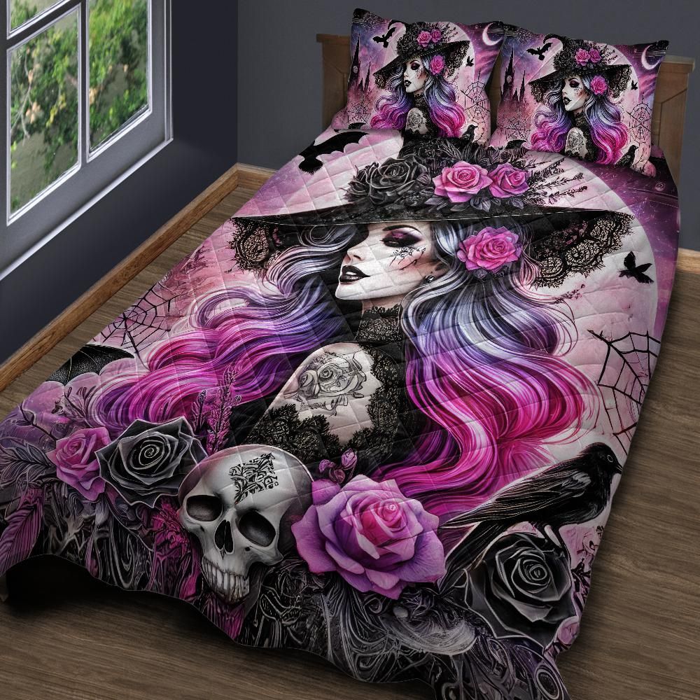 Gothic Skull Raven Witch Quilt Bedding Set for Halloween Home Decor-MoonChildWorld