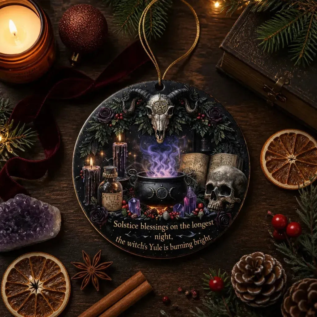 Gothic Skull Yule Ceramic Ornament for Witch – Halloween Style Christmas Ornament_mockup_3.webp