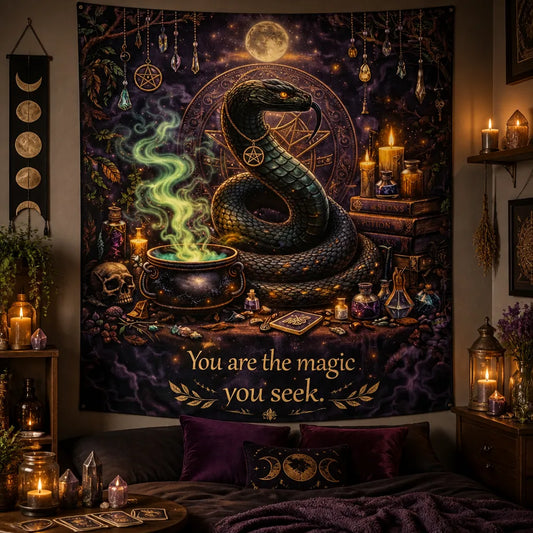 Gothic Snake Witchy Halloween Tapestry with Skull – Dark Witch Occult Wall Hanging_mockup_1.webp