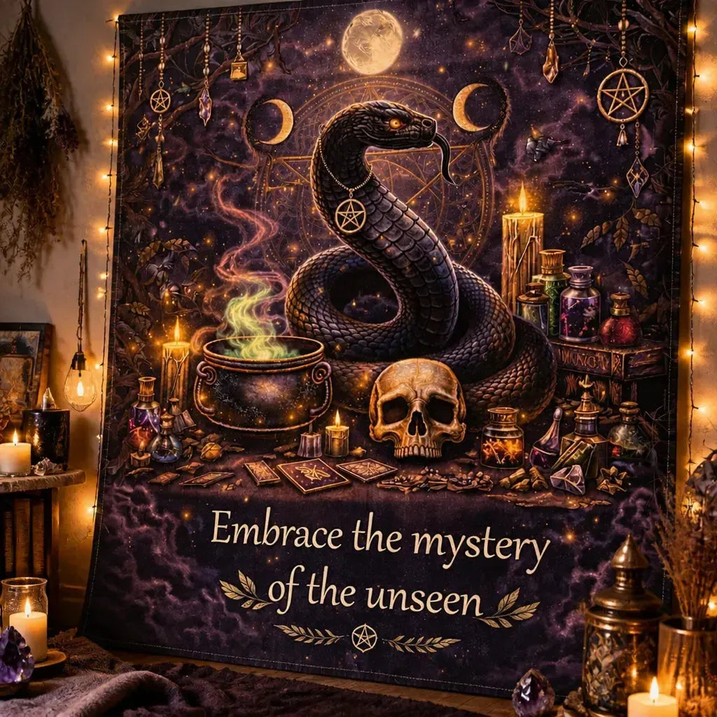 Gothic Snake Witchy Tapestry with Skull, Triple Moon – Dark Witch Occult Wall Hanging_mockup_3.webp
