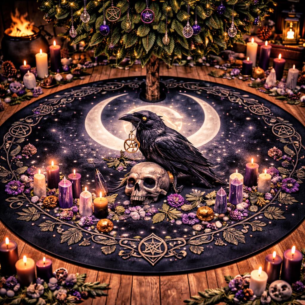 Dark velvet Gothic tree skirt with raven, skull, moon, stars, and purple Yule decor.