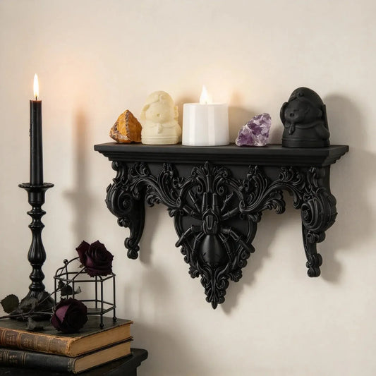 Spider wall shelf displaying crystals, figurines and a flameless candle