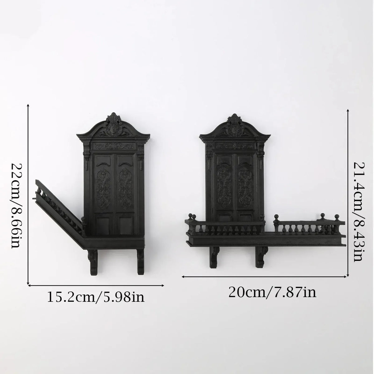 Measurement diagram of both shelf sections: Gothic Staircase Corner Wall Shelf, featuring miniature doorways, balcony rails and a descending staircase.