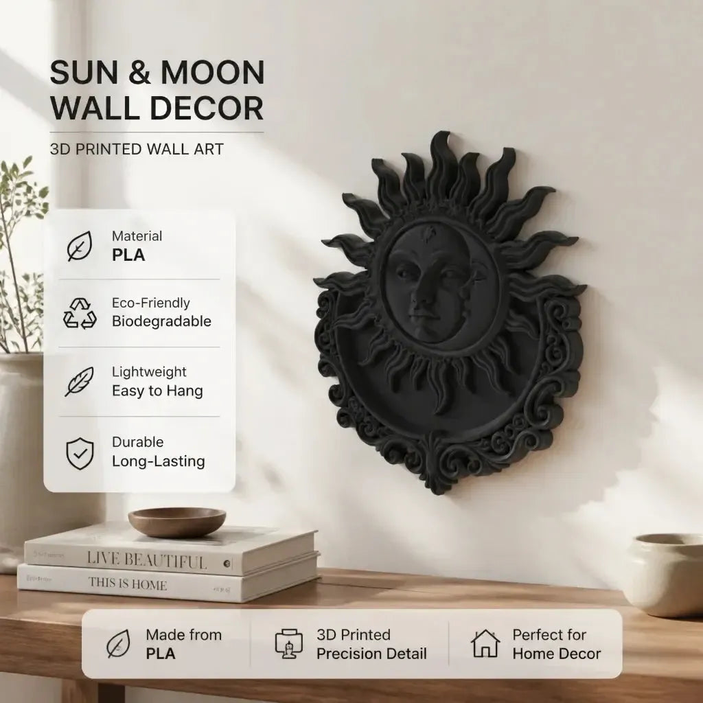 Wall plaque feature graphic: Gothic Sun Moon Face Wall Plaque, featuring interlocking sun and crescent moon faces, flowing rays and ornamental scrolls.