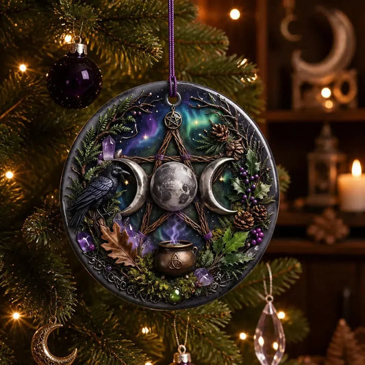 Gothic Wicca Yule Ceramic Ornament with Triple Moon, Pentagram, Raven โ Dark Christmas Tree Ornament_mockup_1.webp