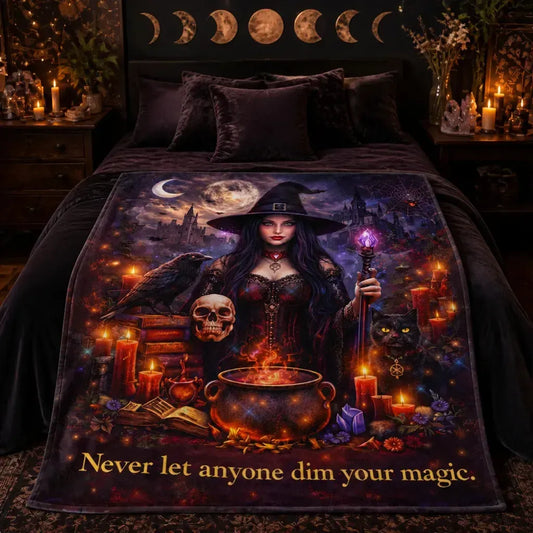 Gothic Witch Blanket With Black Cat, Skull, Raven Halloween Home Decor_mockup_1.webp