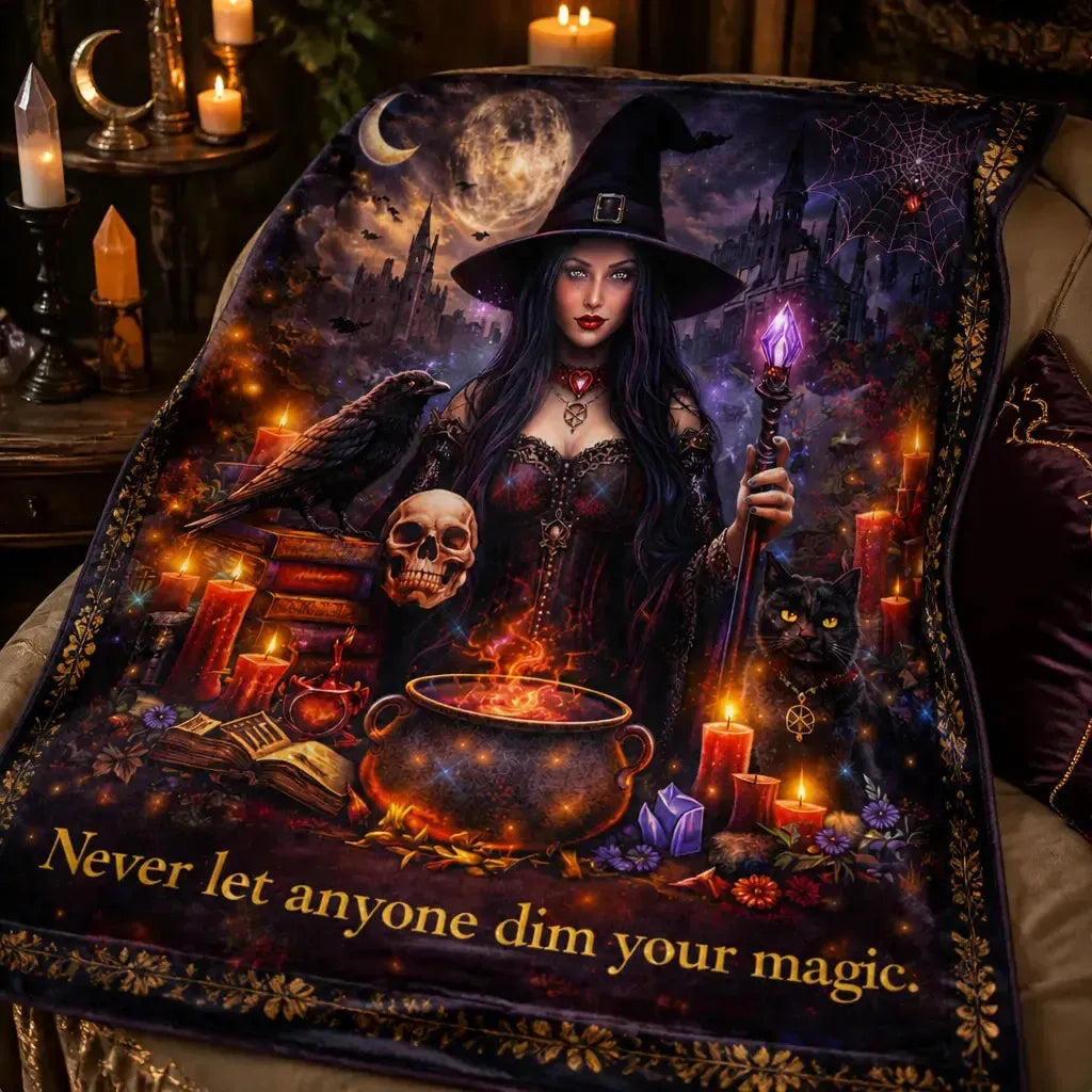 Gothic Witch Blanket With Black Cat, Skull, Raven Halloween Home Decor_mockup_3.webp