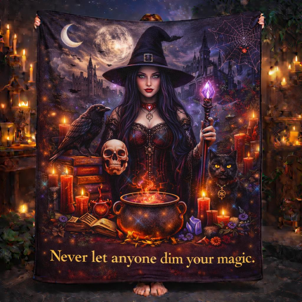 Gothic Witch Blanket With Black Cat, Skull, Raven Halloween Home Decor-MoonChildWorld
