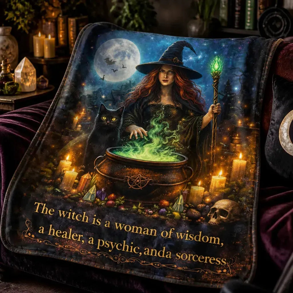 Gothic Witch Blanket with Black Cat - Wiccan Home Decor for Halloween_mockup_3.webp