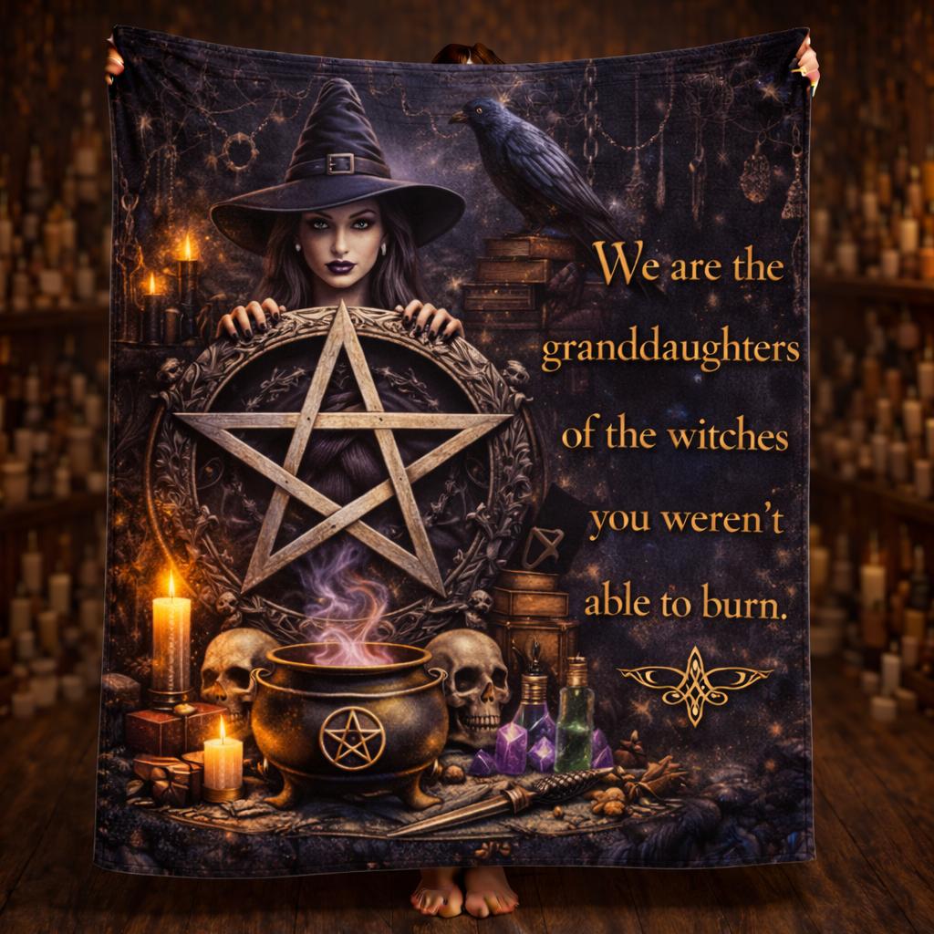 Gothic Witch Blanket with Skull, Crow, Cauldron for Wiccan Halloween Home Decor-MoonChildWorld