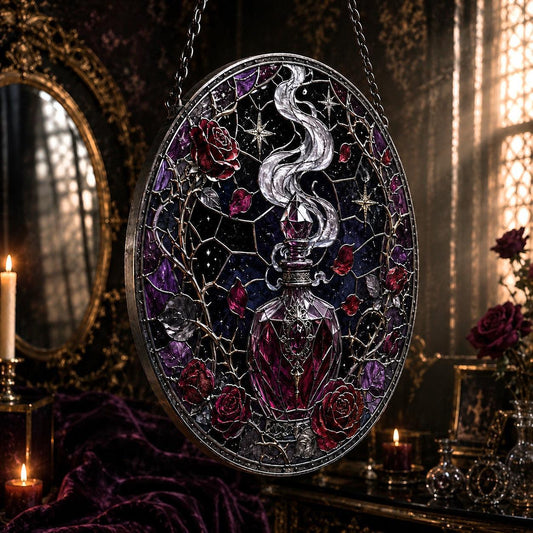 Gothic Witch Perfume Bottle Glass Suncatcher - hanging view