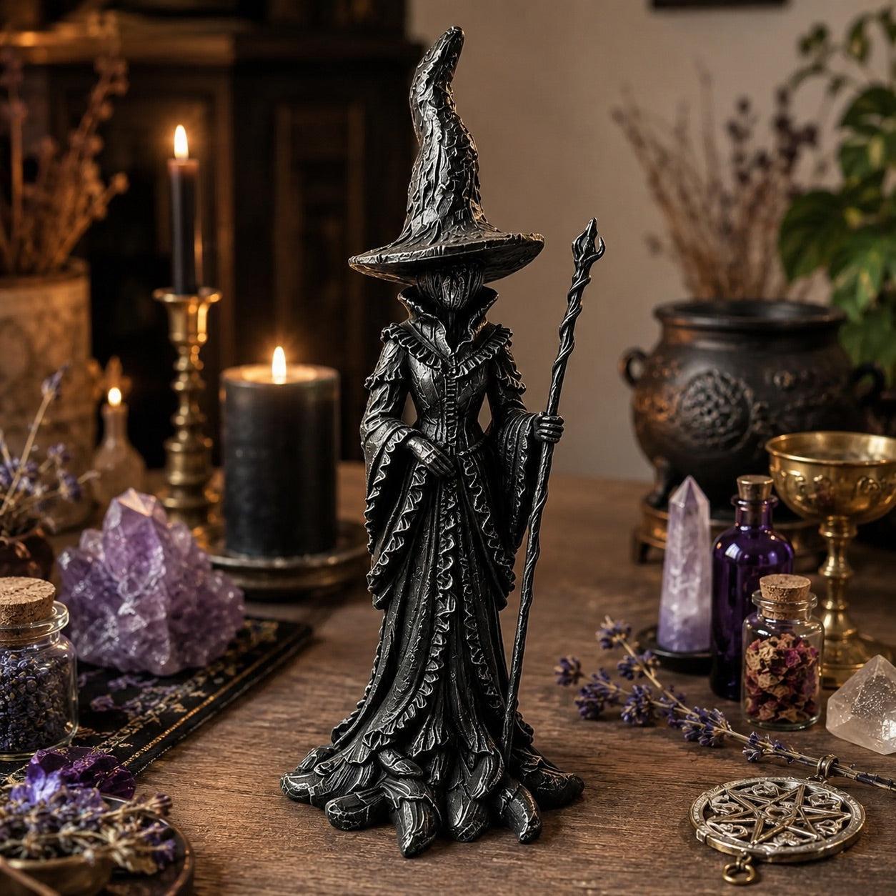 Gothic witch statue near cauldron and potion bottles with amethyst and pentagram charm