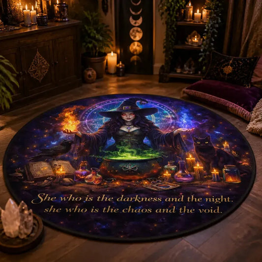 Gothic Witch Round Rug - Dark Crow Black Cat Halloween Carpet Witchy Home Decor_mockup_1.webp