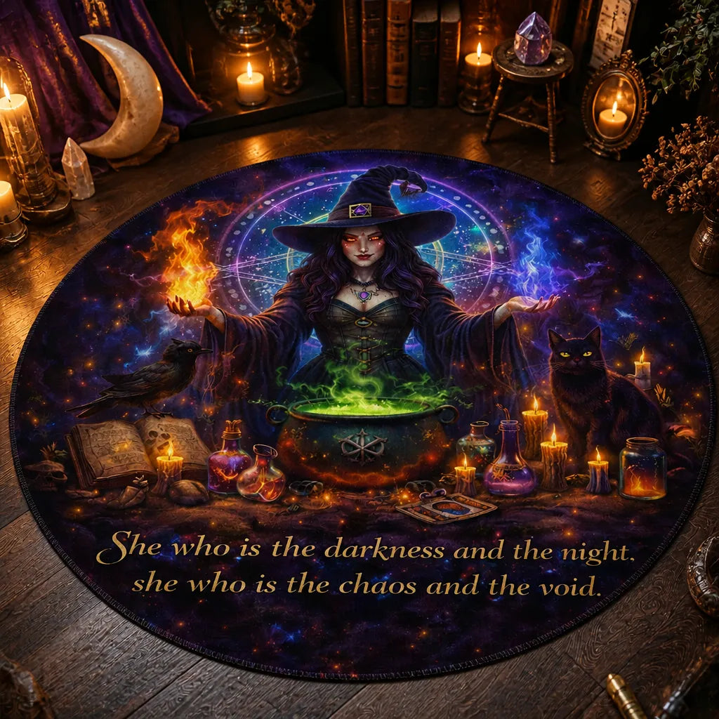 Gothic Witch Round Rug - Dark Crow Black Cat Halloween Carpet Witchy Home Decor_mockup_3.webp