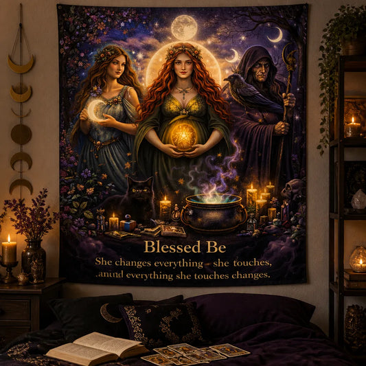 Gothic Witch Tapestry with Dark Crow - Wiccan Wall Hanging for Halloween_mockup_1.webp