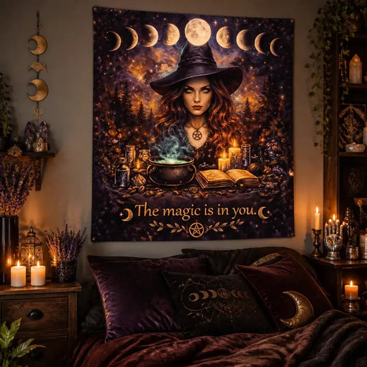 Gothic Witch Tapestry with Moon Phase - Wiccan Wall Hanging for Halloween_mockup_1.webp