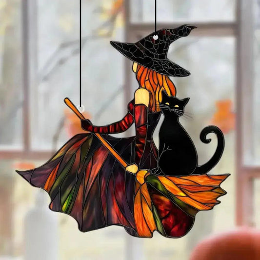 Gothic Witch and Black Cat Acrylic Suncatcher Halloween Window Decoration Wind Chime - Broom Witch Hanging Ornament-MoonChildWorld