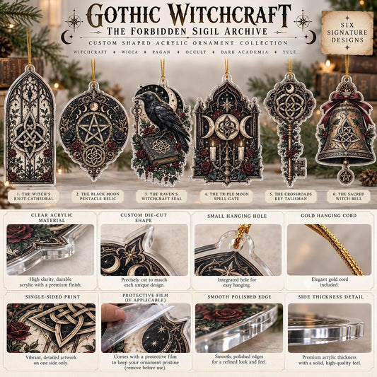 Gothic Witchcraft Sigil Acrylic Ornament Set – Witchy Yule Decor – ornament size and details