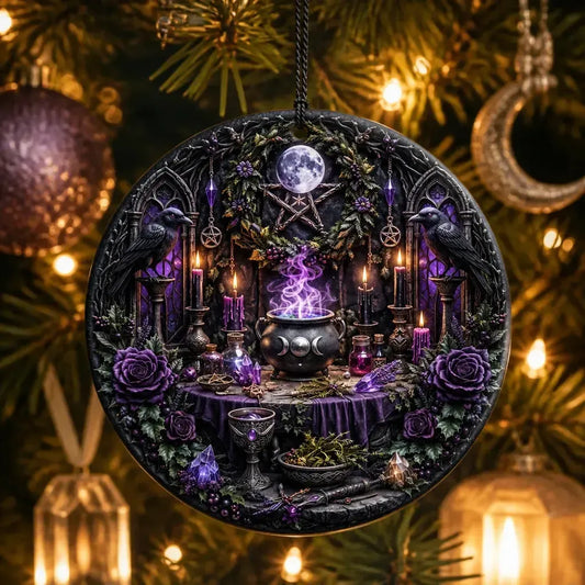 Gothic Witchy Yule Ceramic Ornament with Pentagram, Crows โ Dark Christmas Tree Ornament_mockup_1.webp