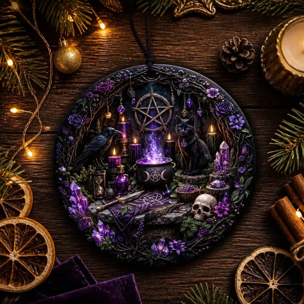 Gothic Yule Ceramic Ornament with Pentacle, Raven, Black Cat – Dark Christmas Tree Decoration_mockup_3.webp