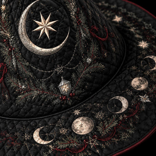 Gothic Yule Moon Phase Witch Hat – Winter Solstice Pagan Wide Brim Hat – quilting and print detail