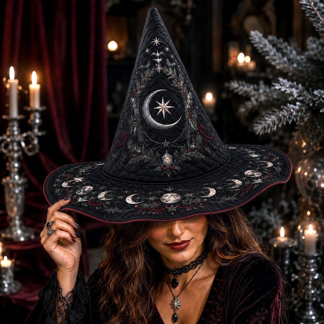 Gothic Yule Moon Phase Witch Hat – Winter Solstice Pagan Wide Brim Hat – worn, front view
